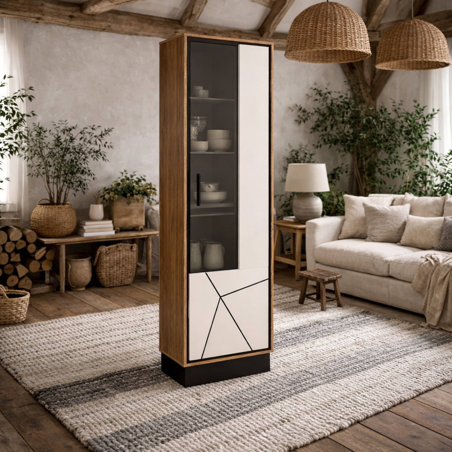 Dabbleton Tall Display Cabinet - Walnut And Gloss White Right-hand Geometric Door - Gloss White With Walnut