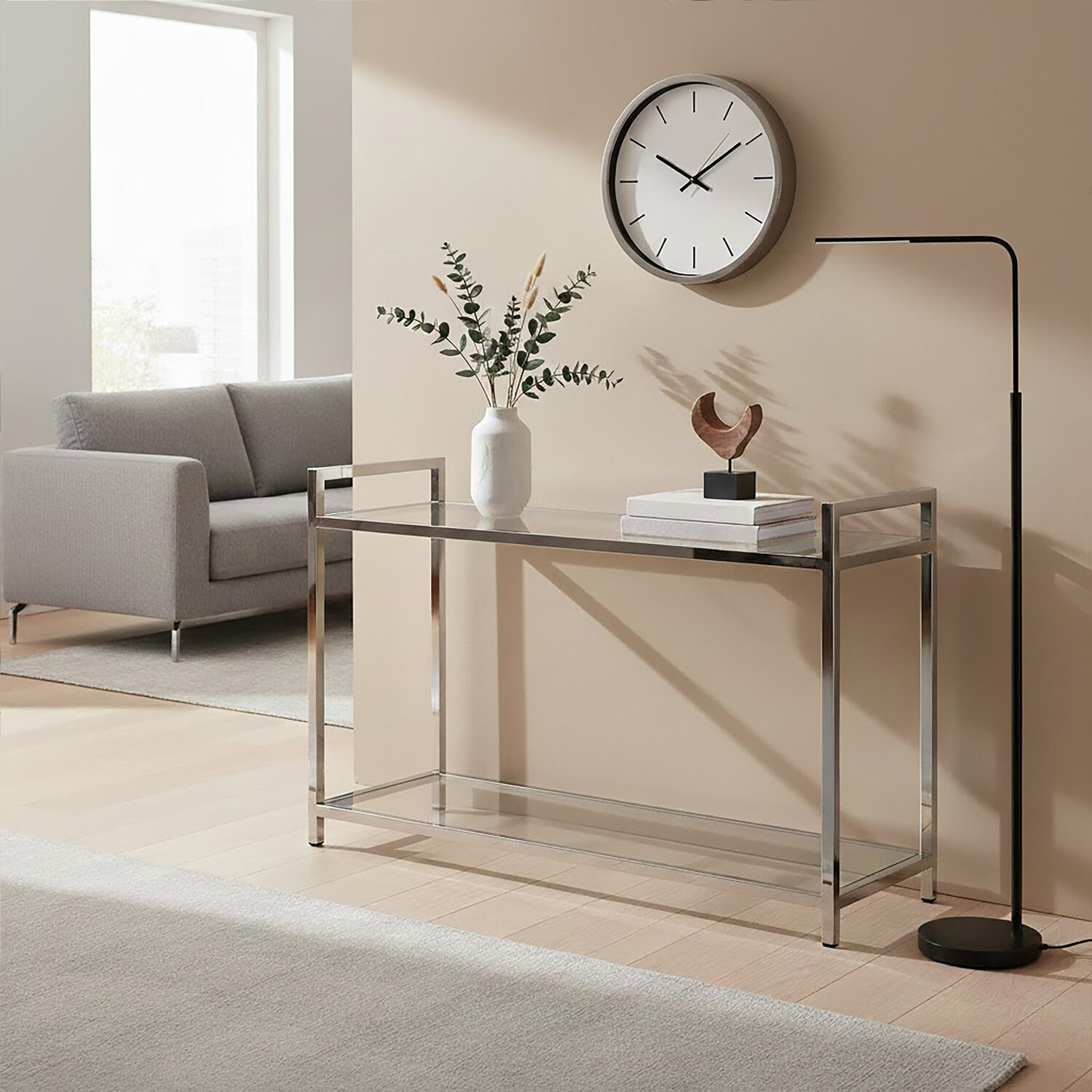 Vogue Stainless Steel Console Table with Glass Top - Silver