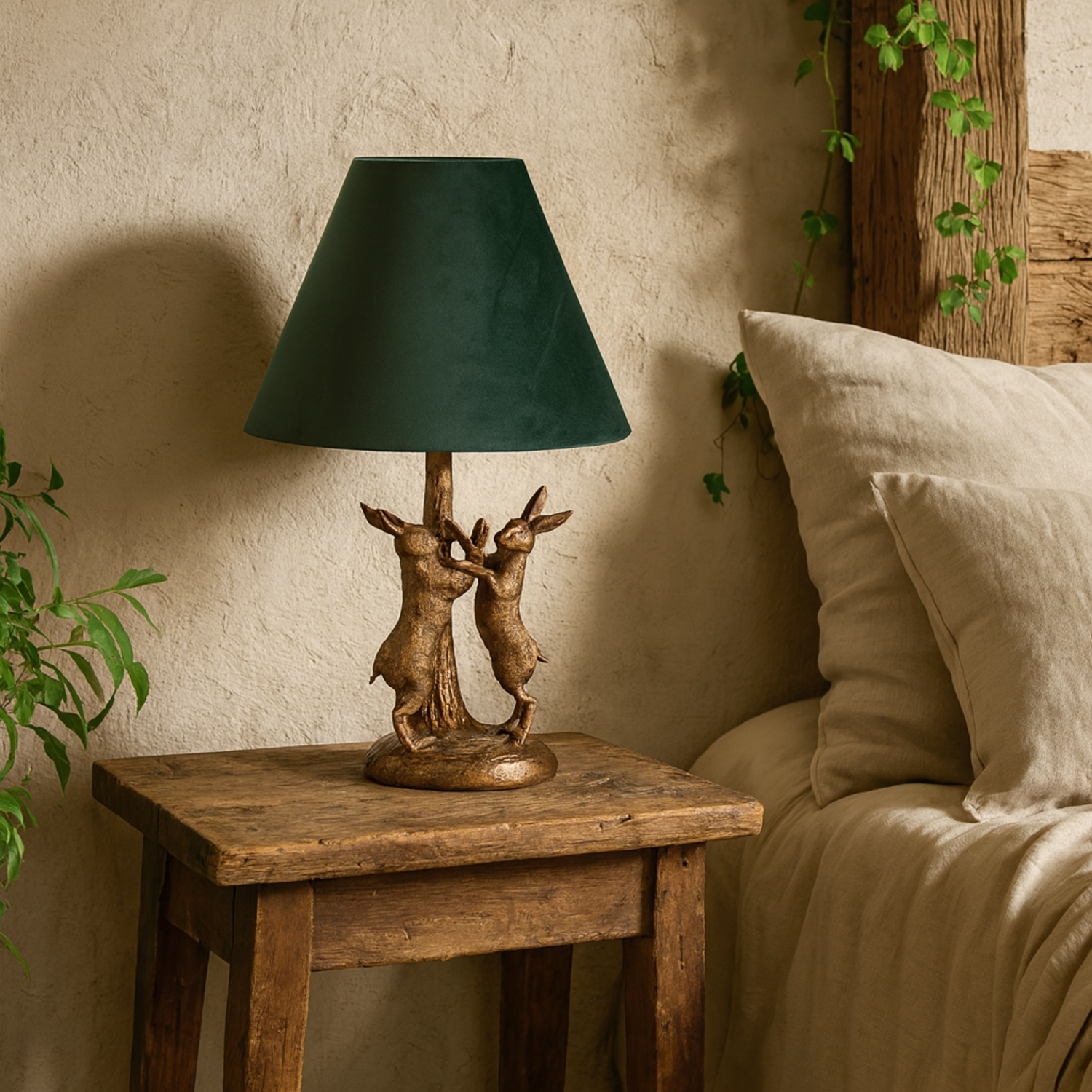 Sault Antique Gold Marching Hares Lamp with Velvet Shade - Gold