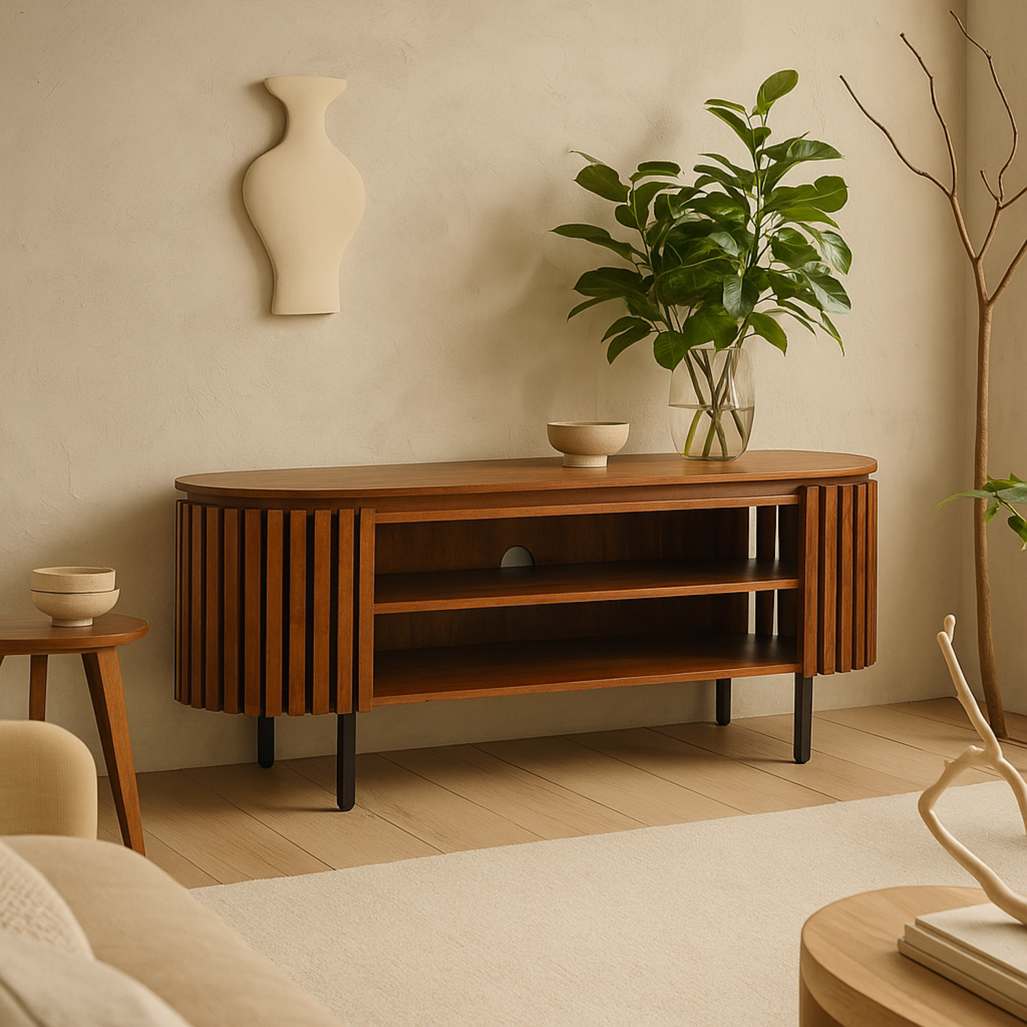 Birmingham Slatted Mango Wood TV Cabinet - Brown
