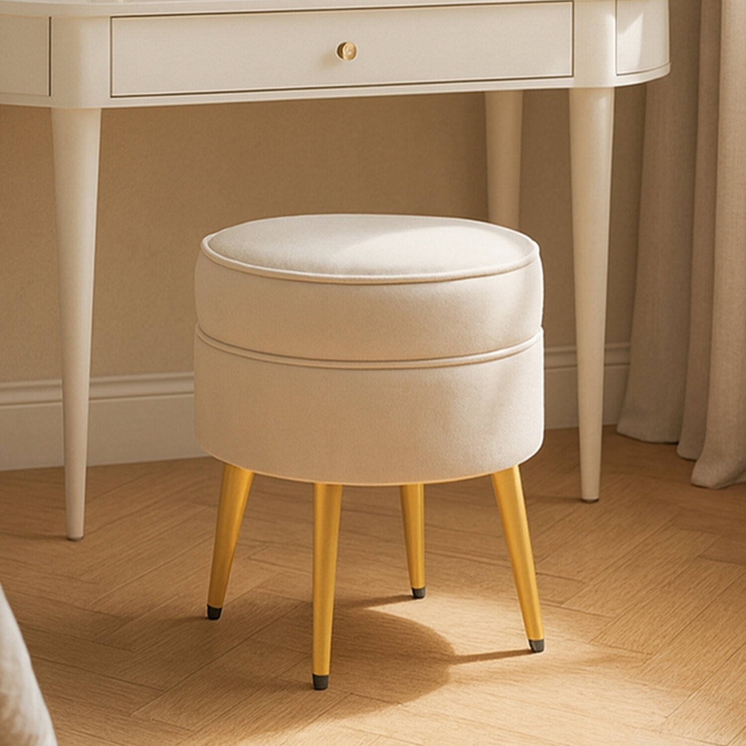 Tamra Round Cream Velvet Gold Leg Footstool - Cream