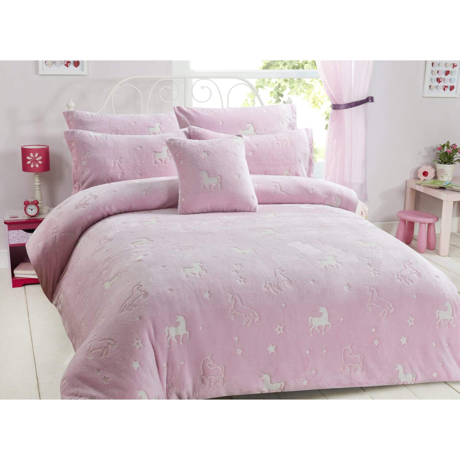Unicorn Glow In The Dark Teddy Duvet Set - Pink Single