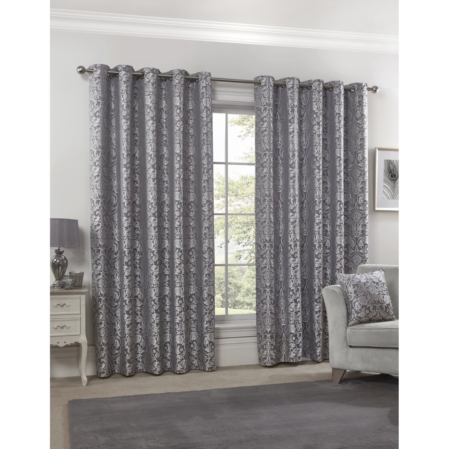 Harrow Lined Eyelet Jacquard Curtains - Silver / 116cm / 137cm