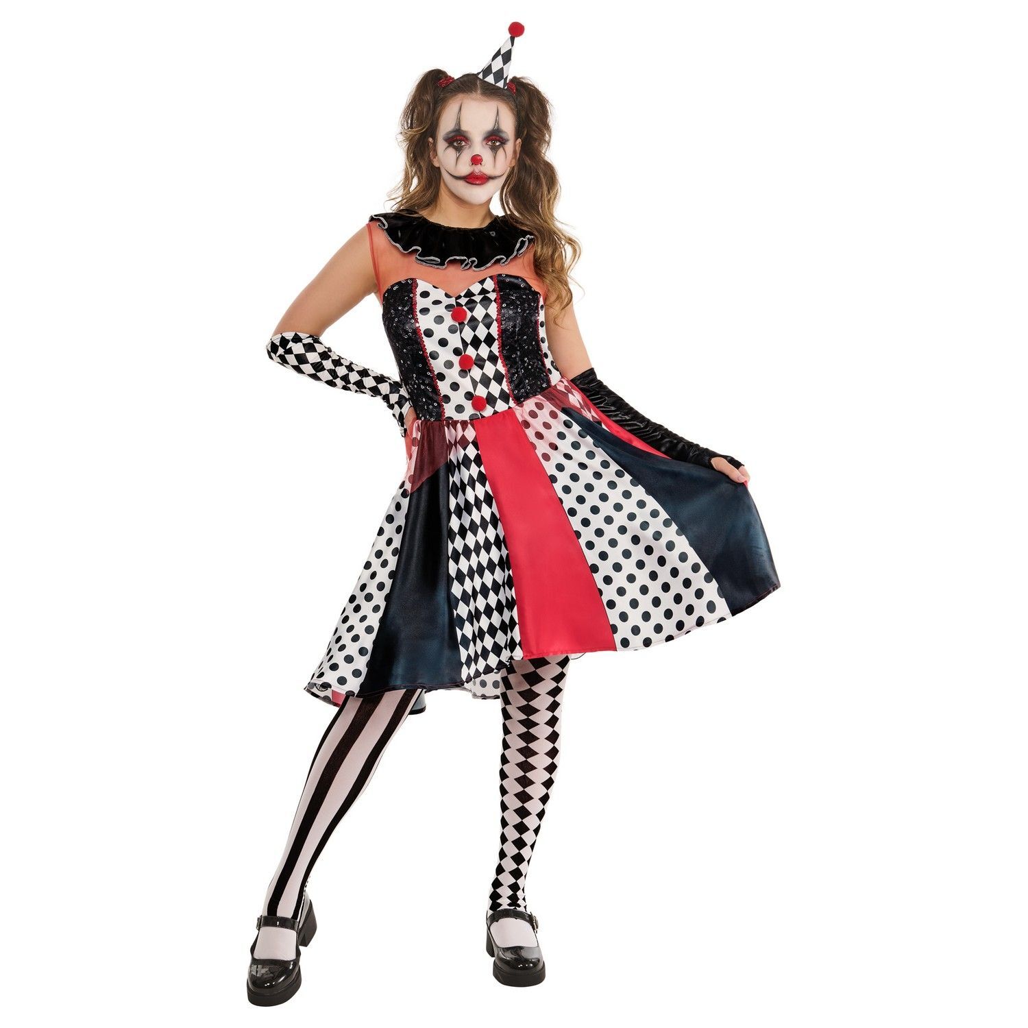 Bristol Novelty Womens/Ladies Clown Monochrome Costume - White/Black/Red / L