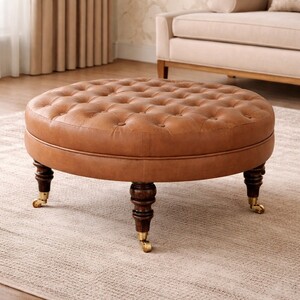 Brown Buffalo Leather Round Ottoman with Castor Legs