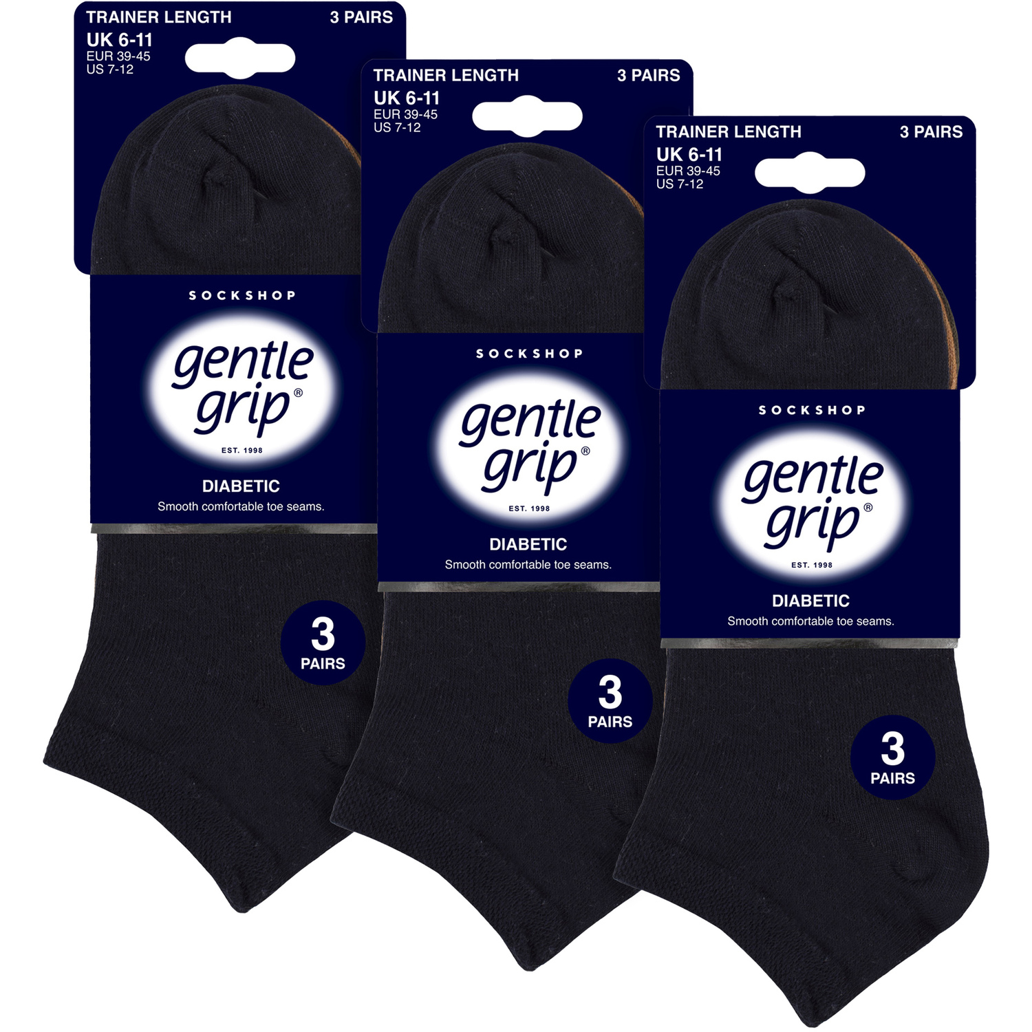 Gentle Grip 9 Pack Mens Diabetic Trainer Socks, Swollen Feet Wide Ankle Socks - Navy