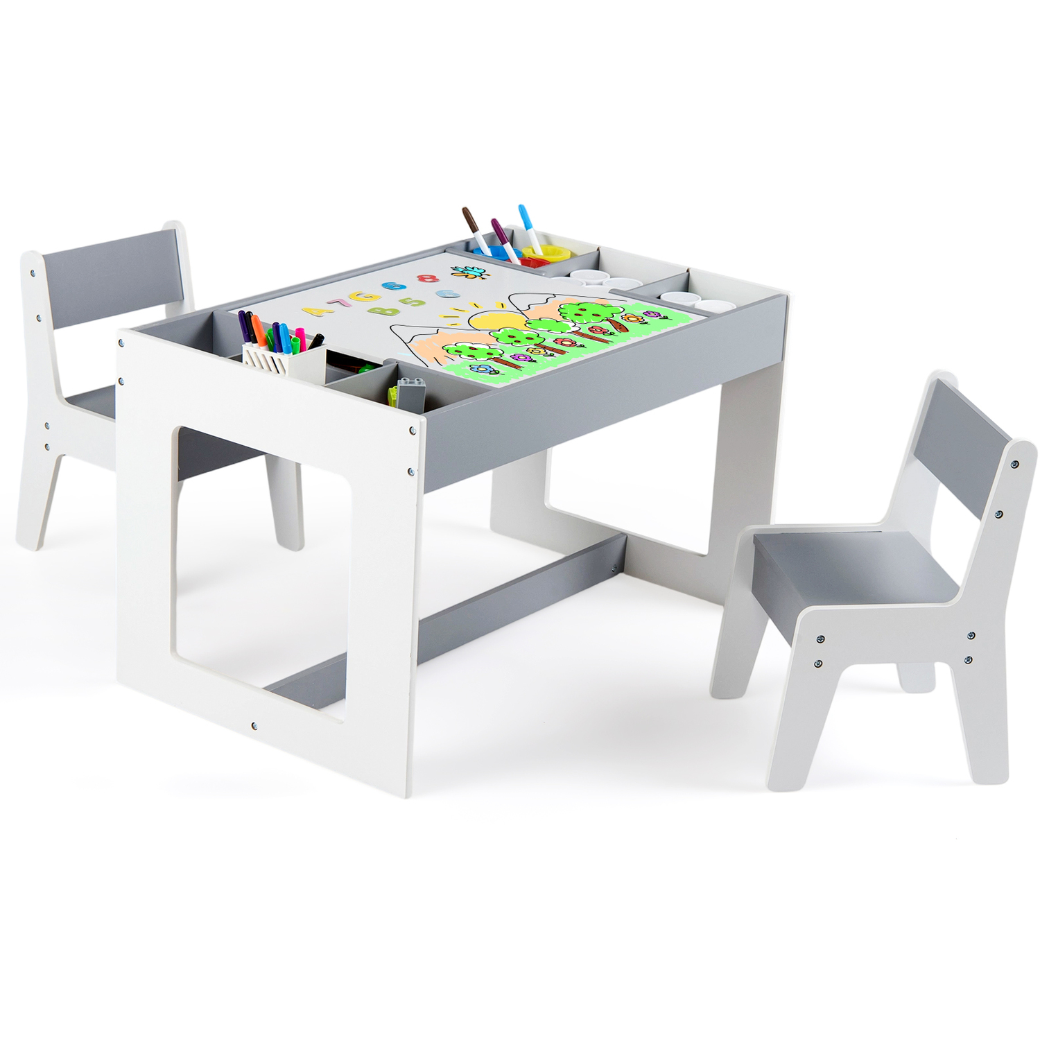 Costway Multifunctional Kids Table And 2 Chairs Set - Grey