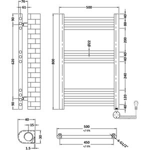 Croxall Round Tube Heated Towel Rail with 10 Bars, 800 x 500mm, Brushed Brass