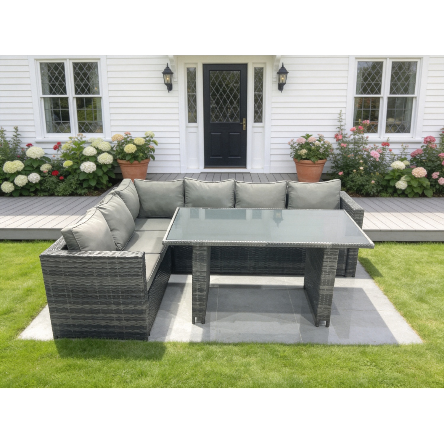 Fimous Outdoor Garden Furniture Rectangular Dining Table Chair Set - Dark Grey Mixed