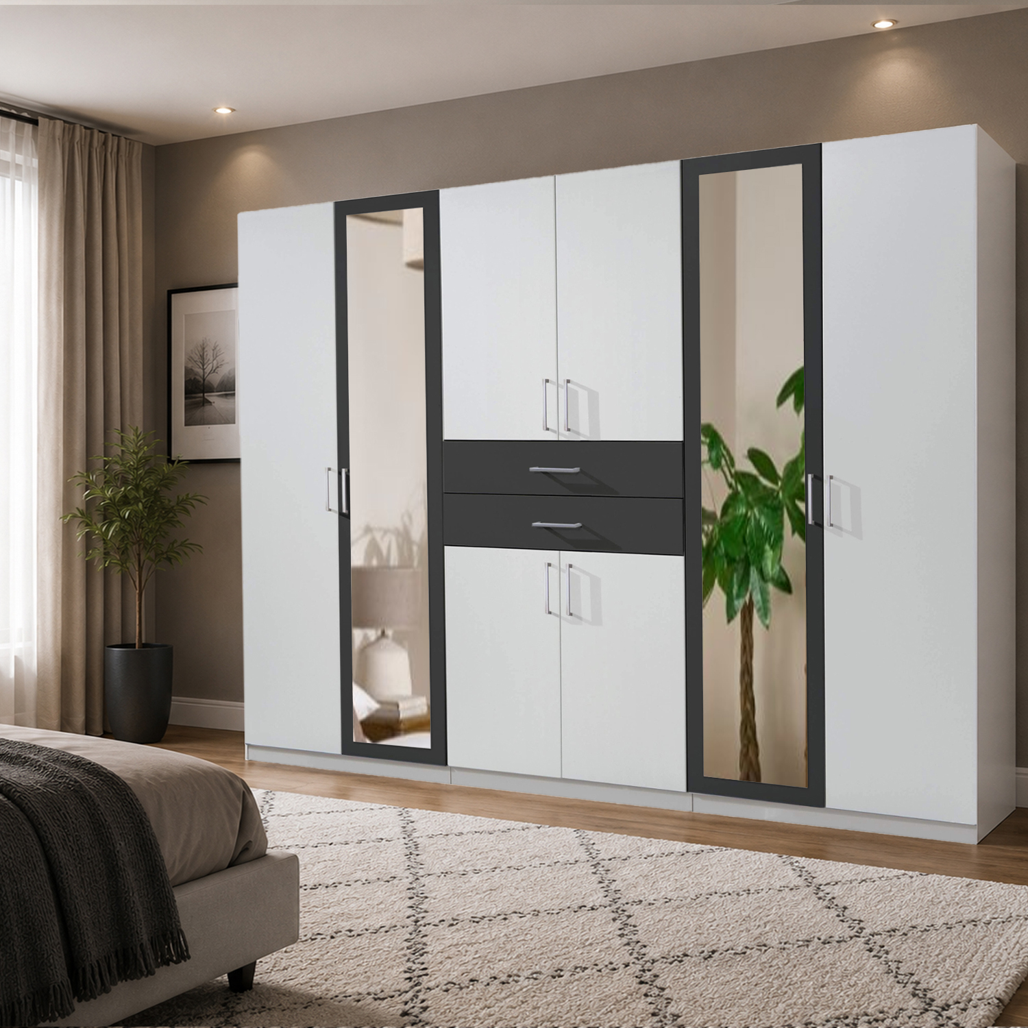 Kdmd Diver White And Graphite 6 Door 270Cm Wardrobe With Mirror - White