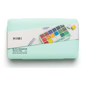 HIMI Jelly Cup Gouache Set 18 Paint Colours 3 Brushes Mixing Pallete Green Case