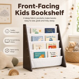 Kids Wooden Bookshelf 4 Tier Book Storage Unit with Fabric Pockets Nursery Furniture Brown Finish