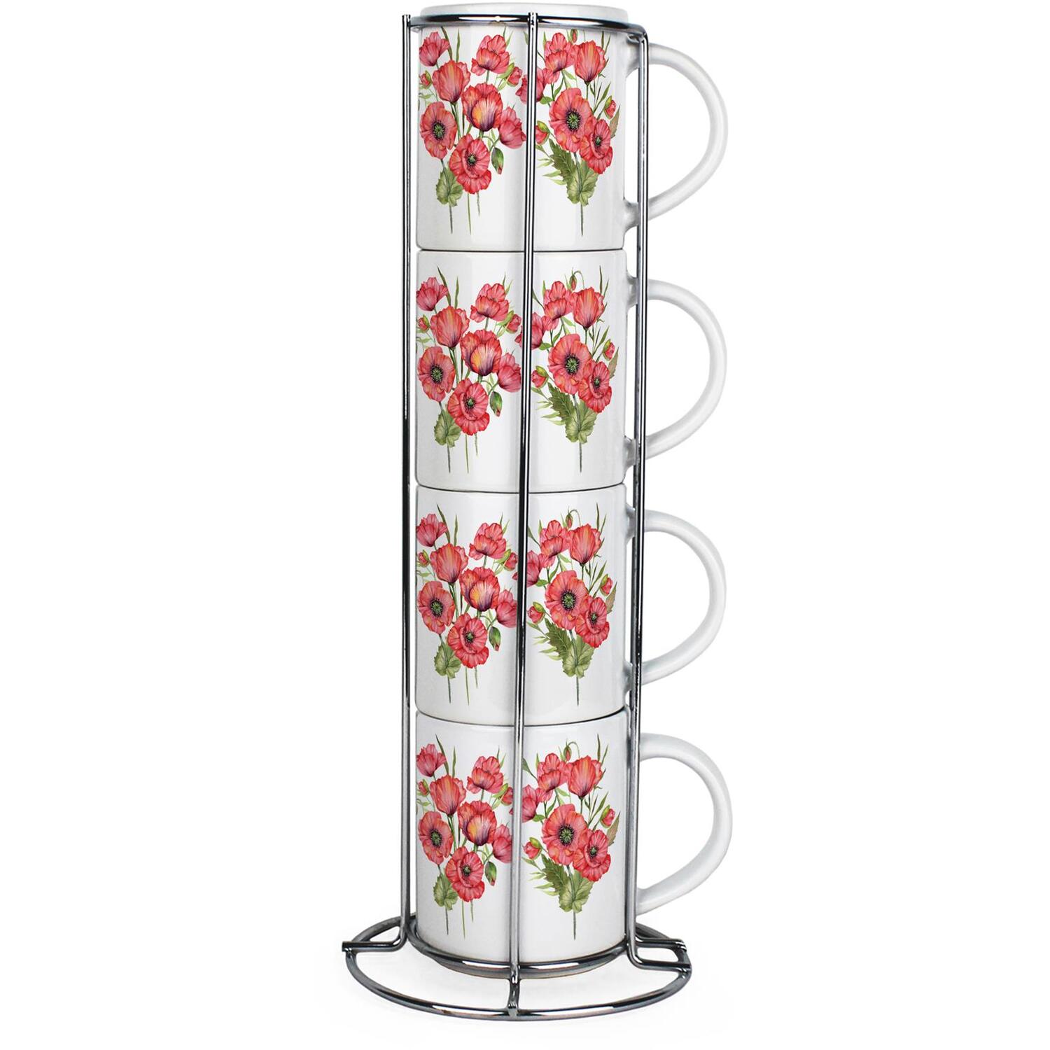 B&Q -  Red Poppies Stacking Mugs SetFloral Presents For HerSet Of 4 Ceramic Mugs Gift Set With Metal Stand - Image 3