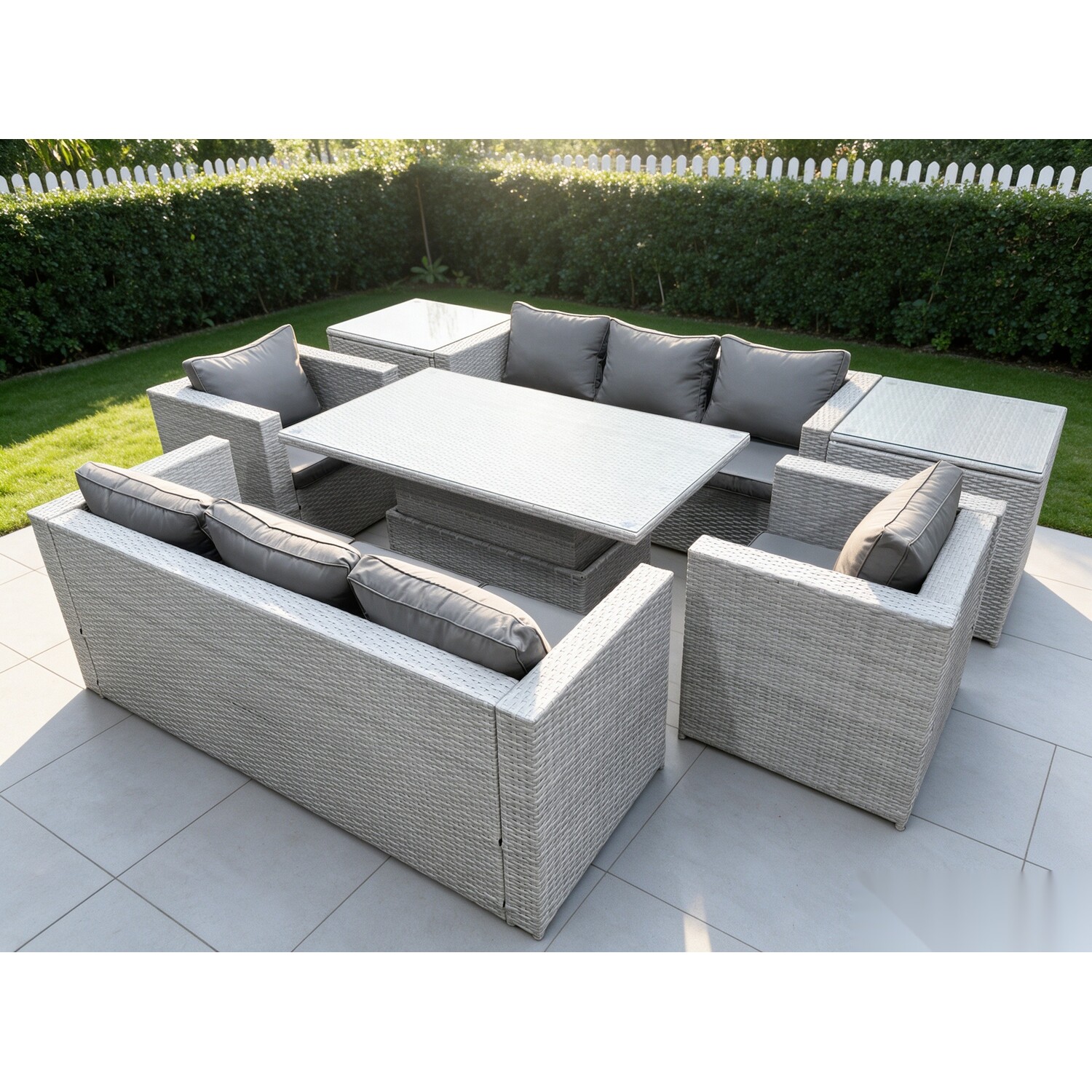 Rackhams Light/Grey 8 Seater Rattan Garden Furniture Set With Adjustable Rising Table, 2 Sofas, 2 Arm Chairs, 2 Side Tables - Image 2