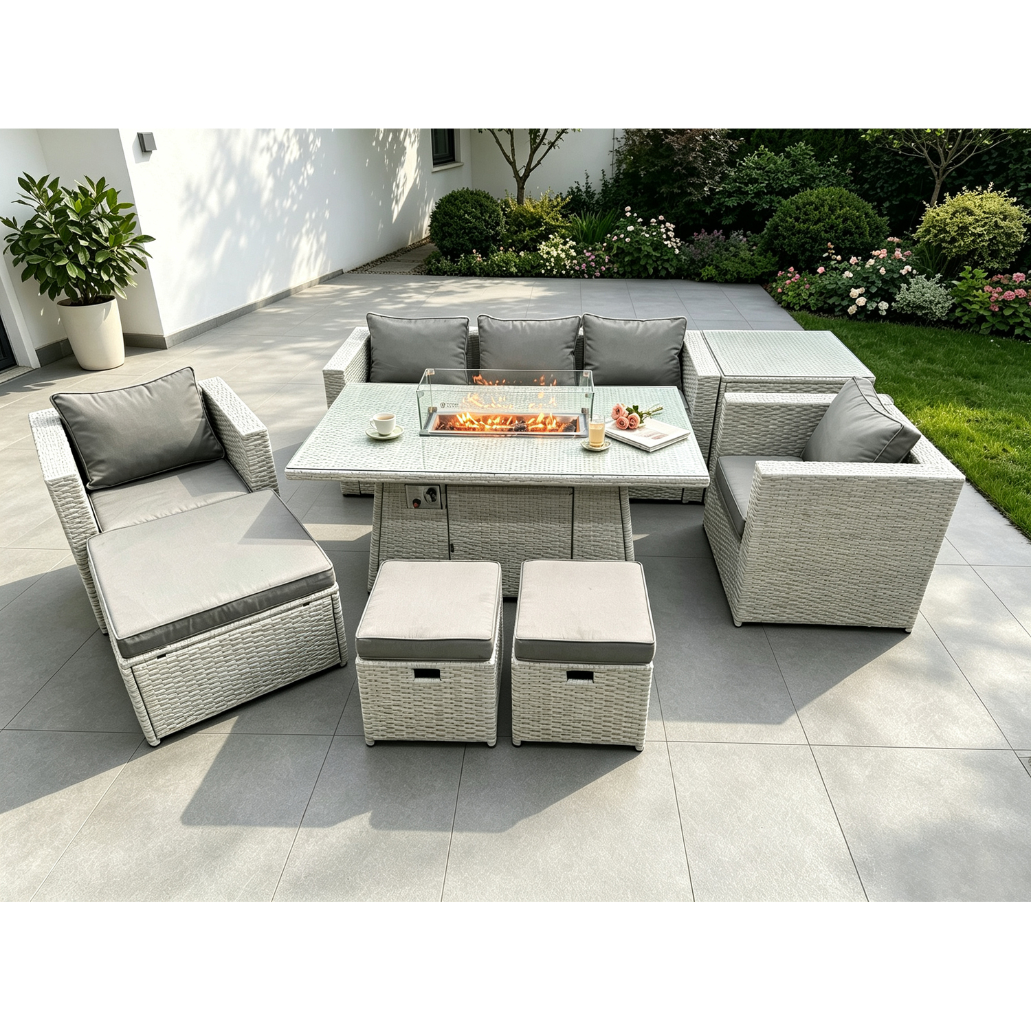 Fimous Outdoor Garden Dining Sets Rattan Furniture Gas Fire Pit Dining Table With 2 Armchairs Side Table 3 Footstools - Image 3