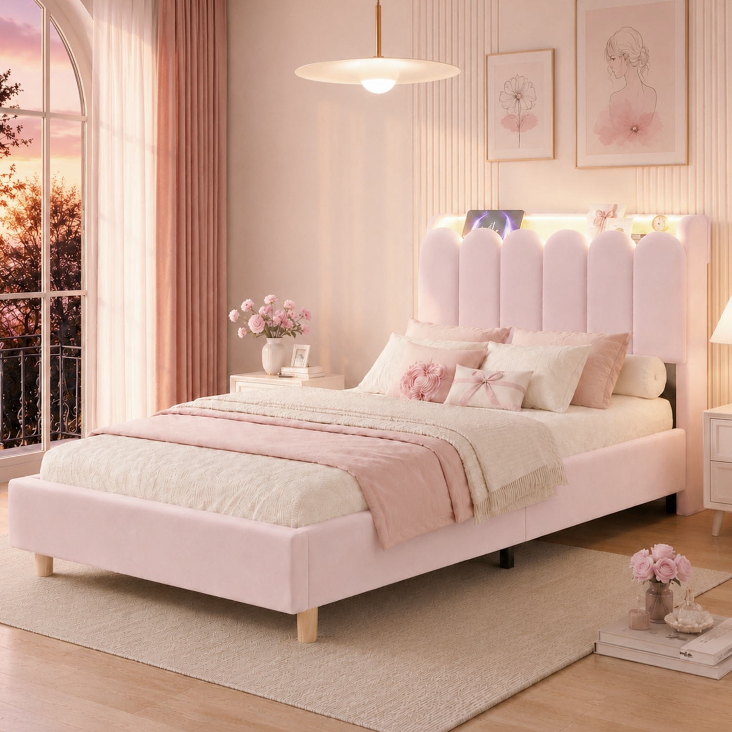Aka Upholstered Platform Bed With Storage - Light Pink