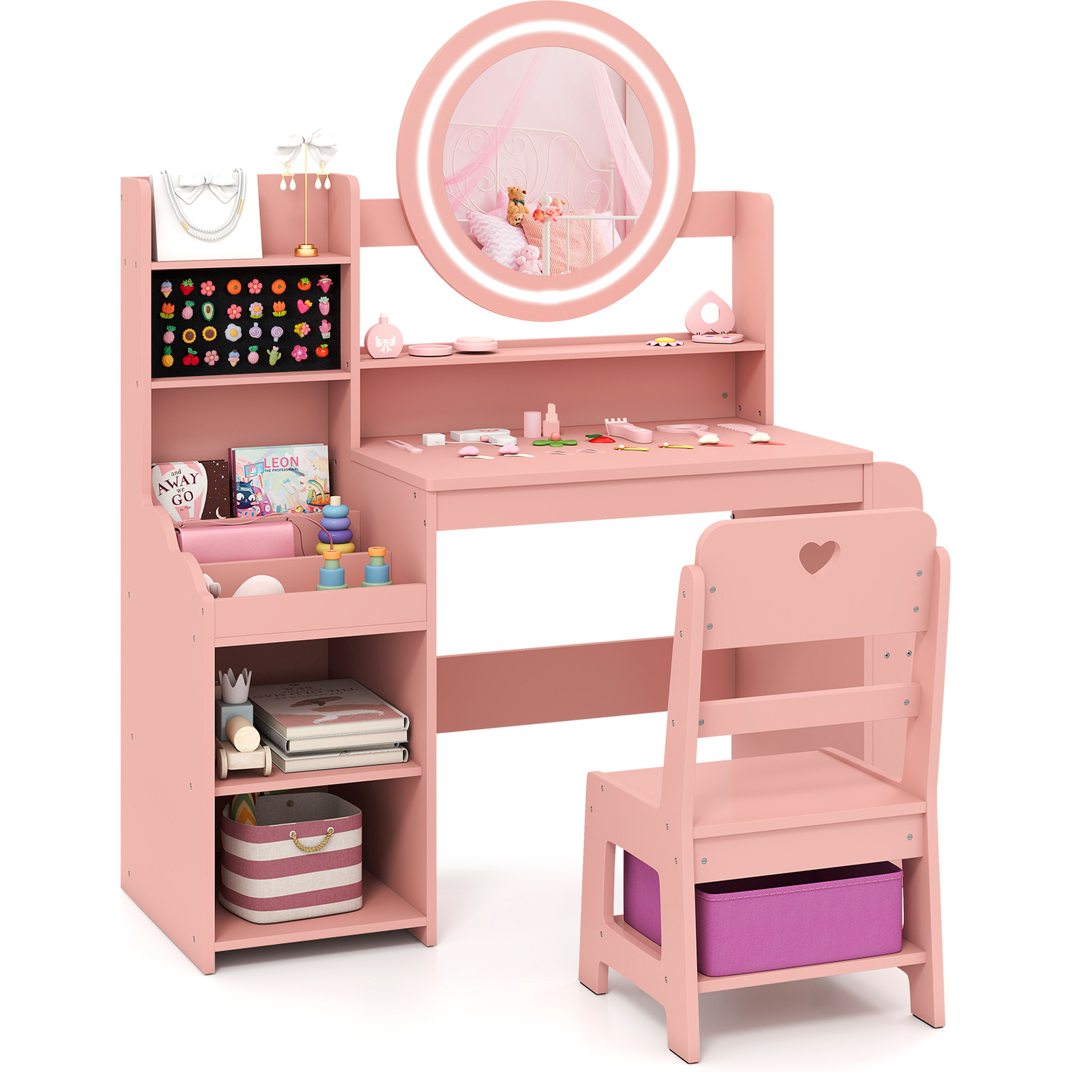 Costway Kids Vanity Desk With Mirror Bookshelf And Lights-Pink - Pink