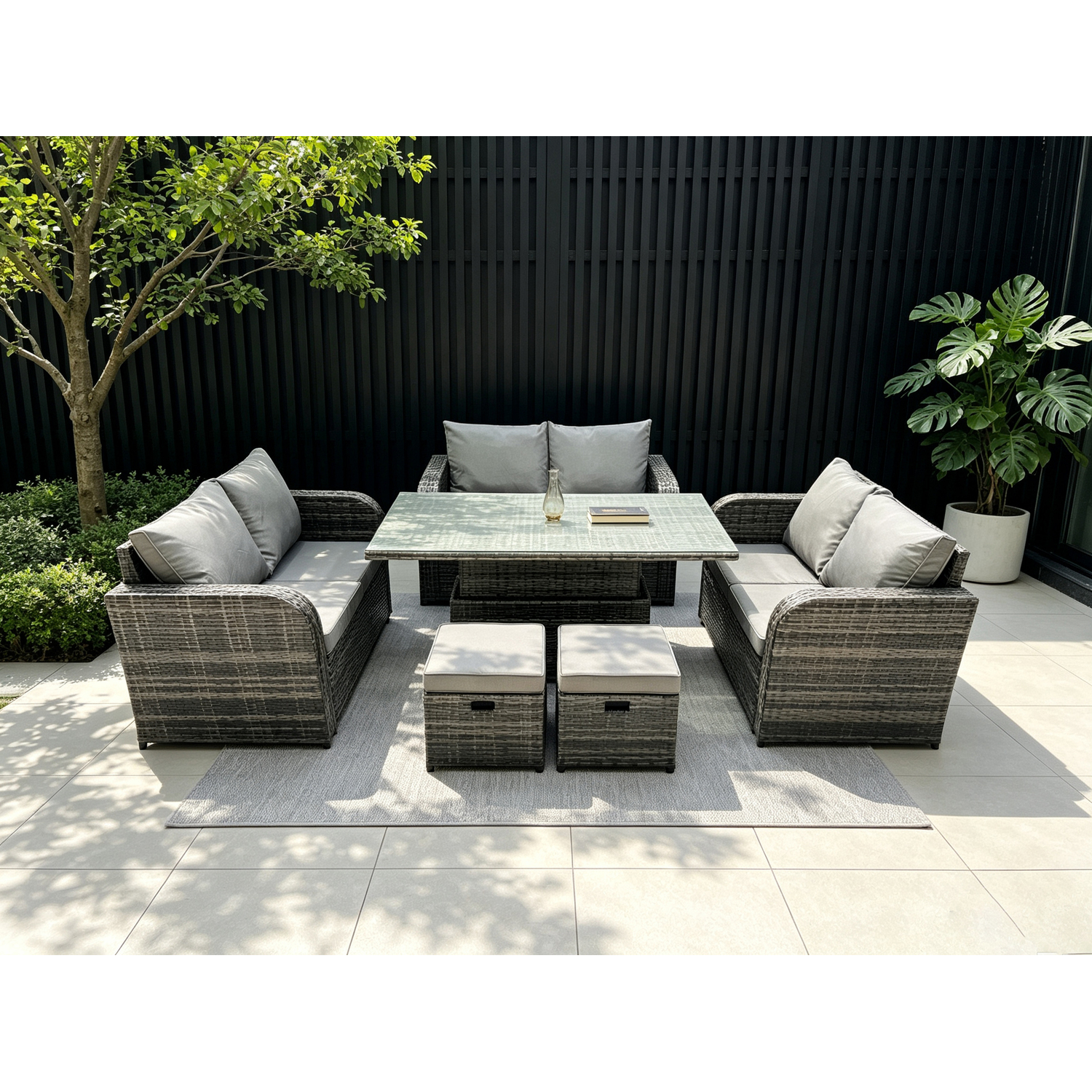 Fimous Unisex Dark Grey Rattan Garden Outdoor Furniture 3 Pc Love Sofa Set Patio Adjustable Rising Lifting Dining Table With 2 Footstools In Small - Image 2