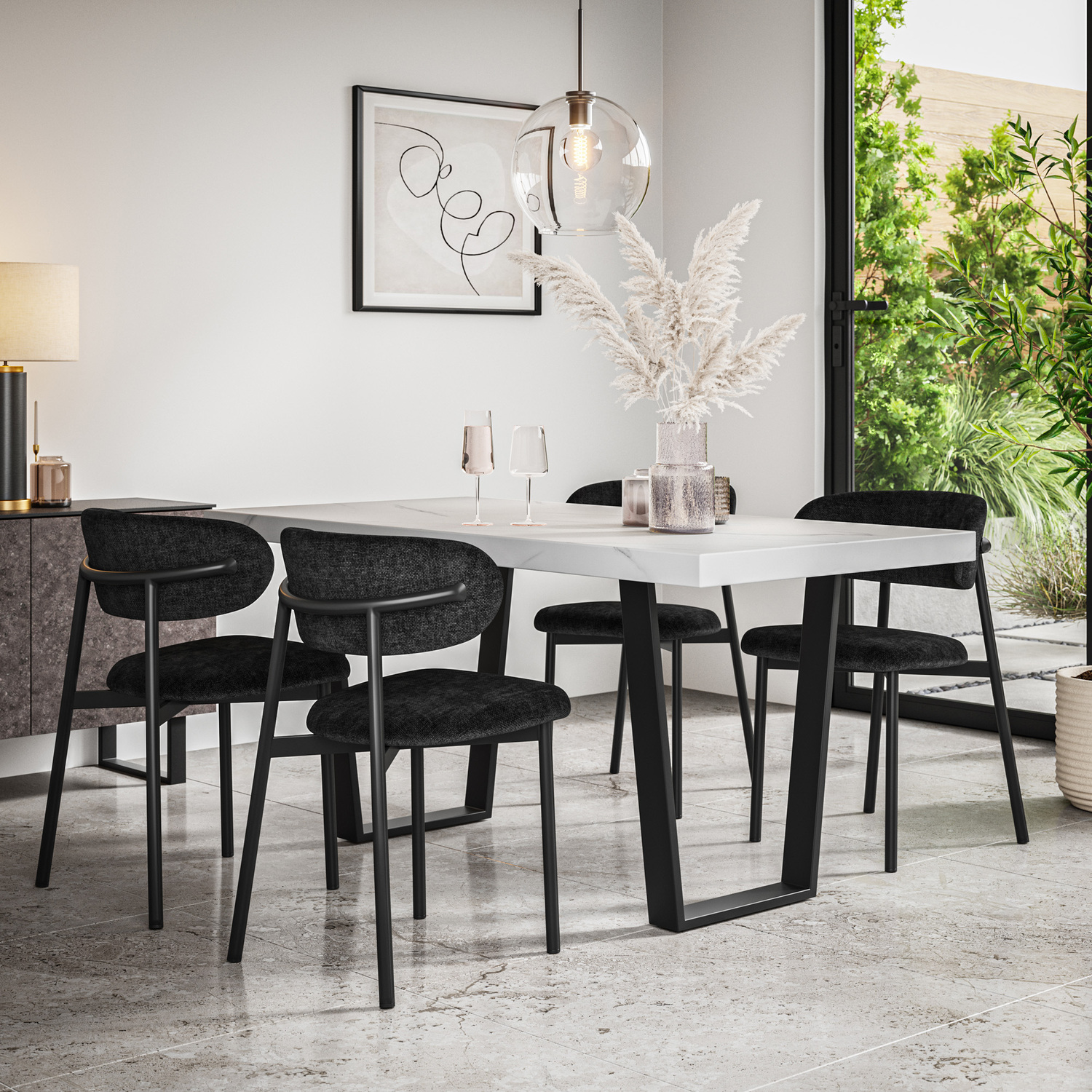 Aria White Marble Top Rectangle Dining Table and 4 Myla Linen Chairs ...