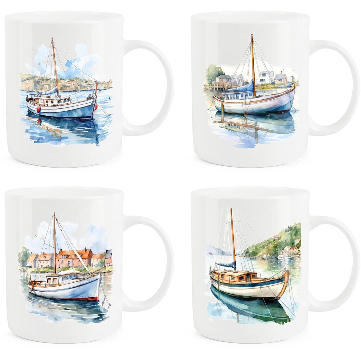 Purely Home Sailboats Bone China Mugs - Set Of 4 - White