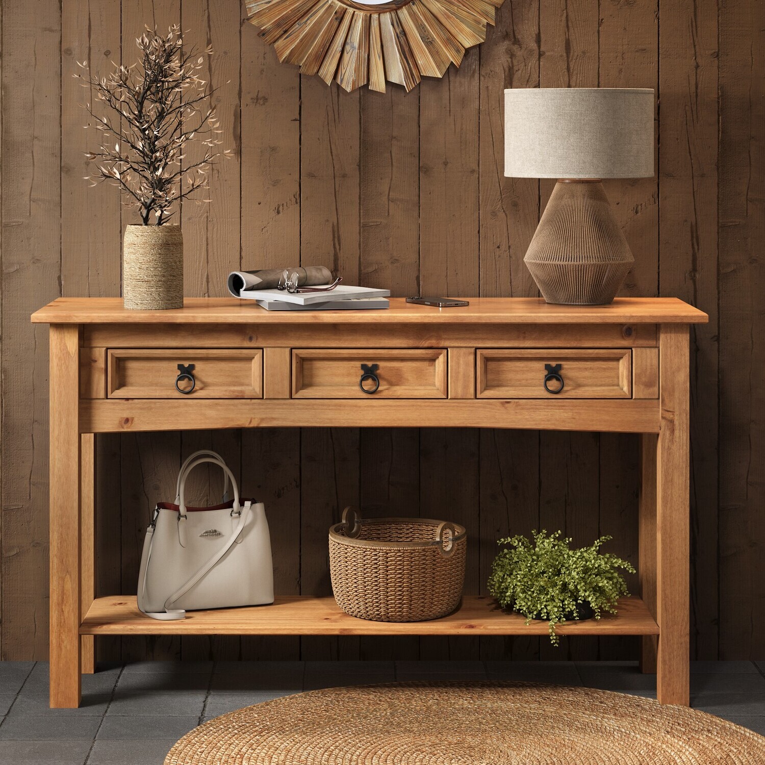 Mercers Furniture Corona 3 Drawer Console Table With Shelf Hallway Stand Solid Wood Pine Wooden - Antique Wax