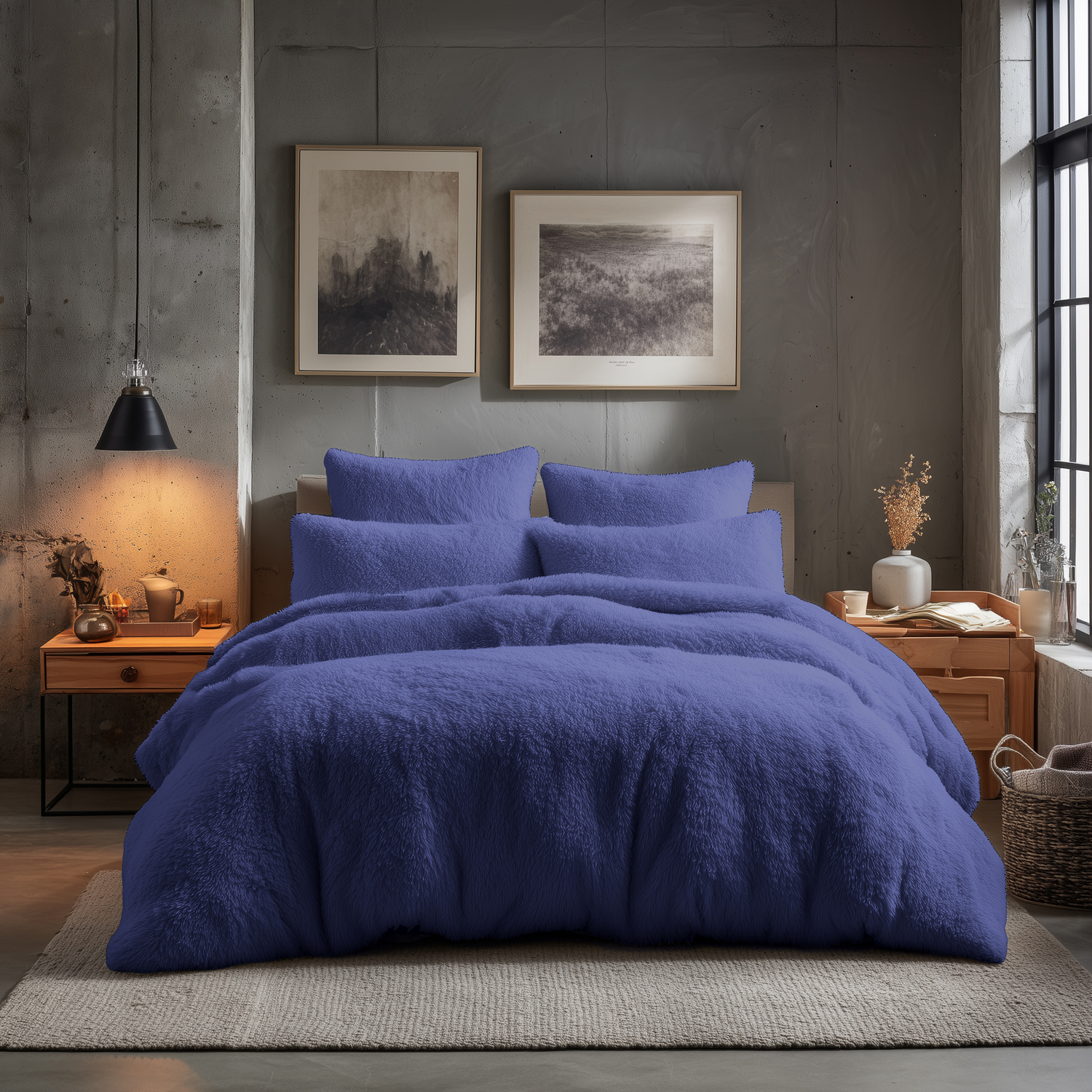 Snug City Teddy Bear Fleece Soft Cosy Duvet Cover + Pillow Case Set - Navy Blue / King