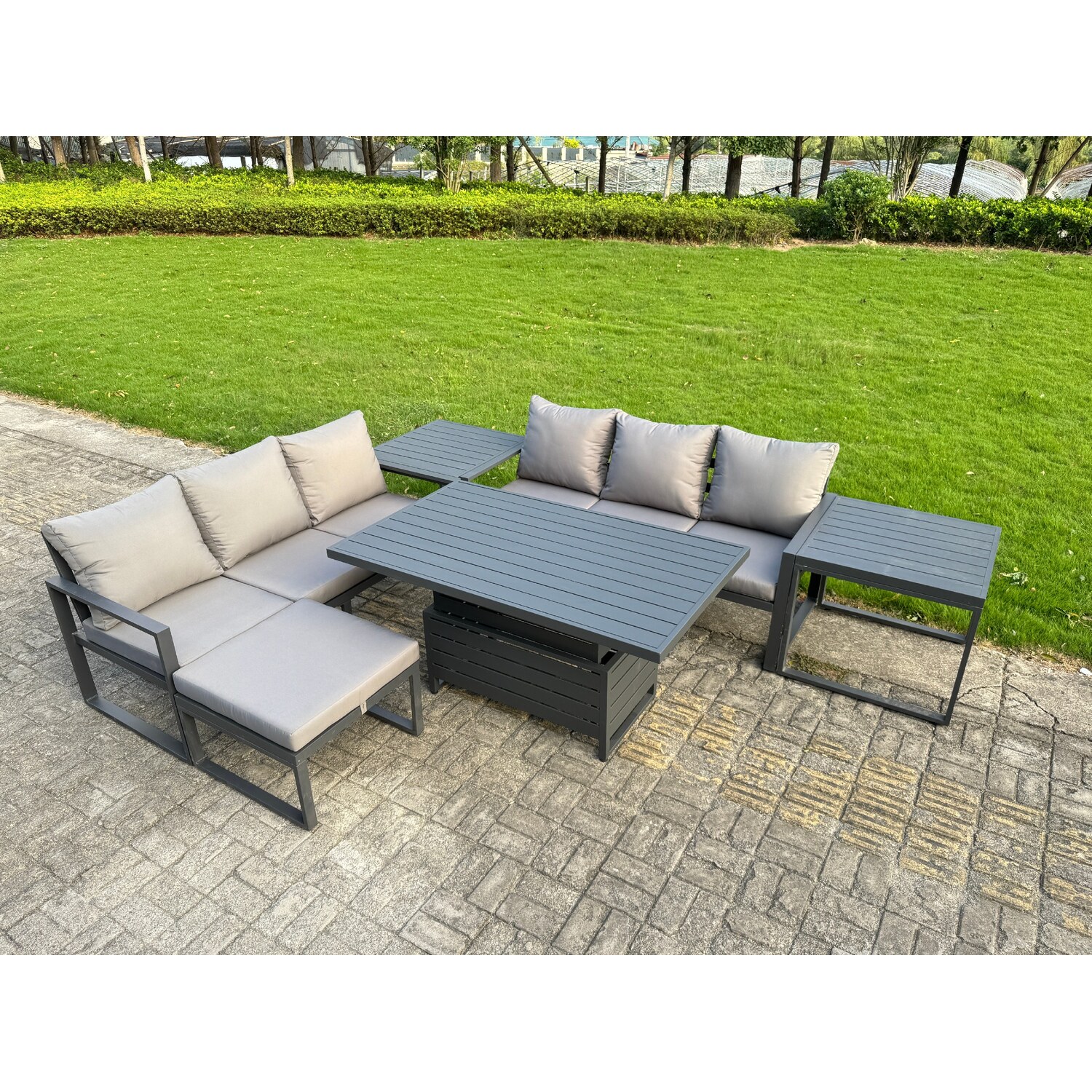 B&Q - 6 Pieces Garden Furniture Set Aluminium Adjustable Rising Lifting Dining Table And Sofa Set Dark Grey - Image 2