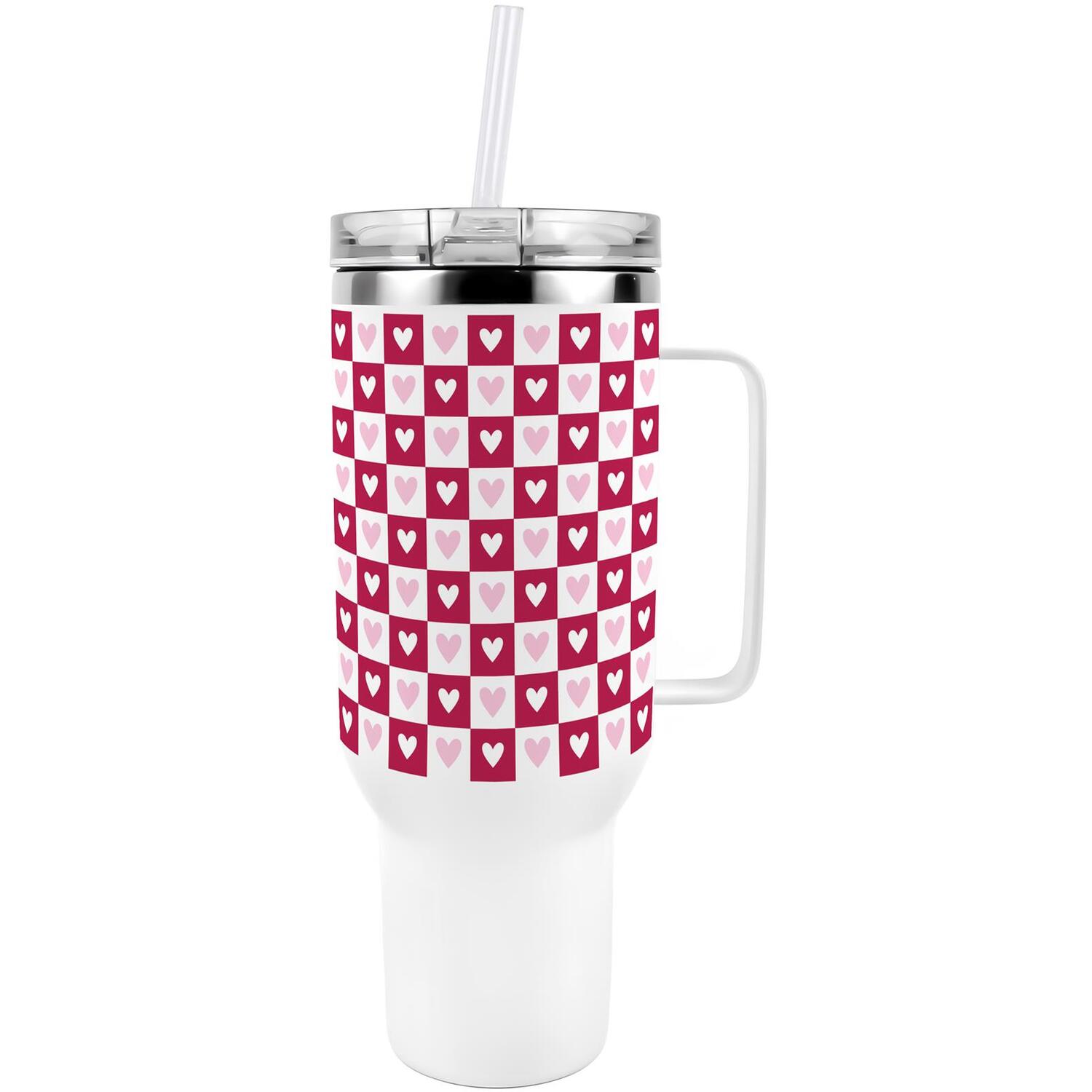 Dark Pink Chequered Hearts Travel Tumbler - Metal XL Cup Gift - Image 2