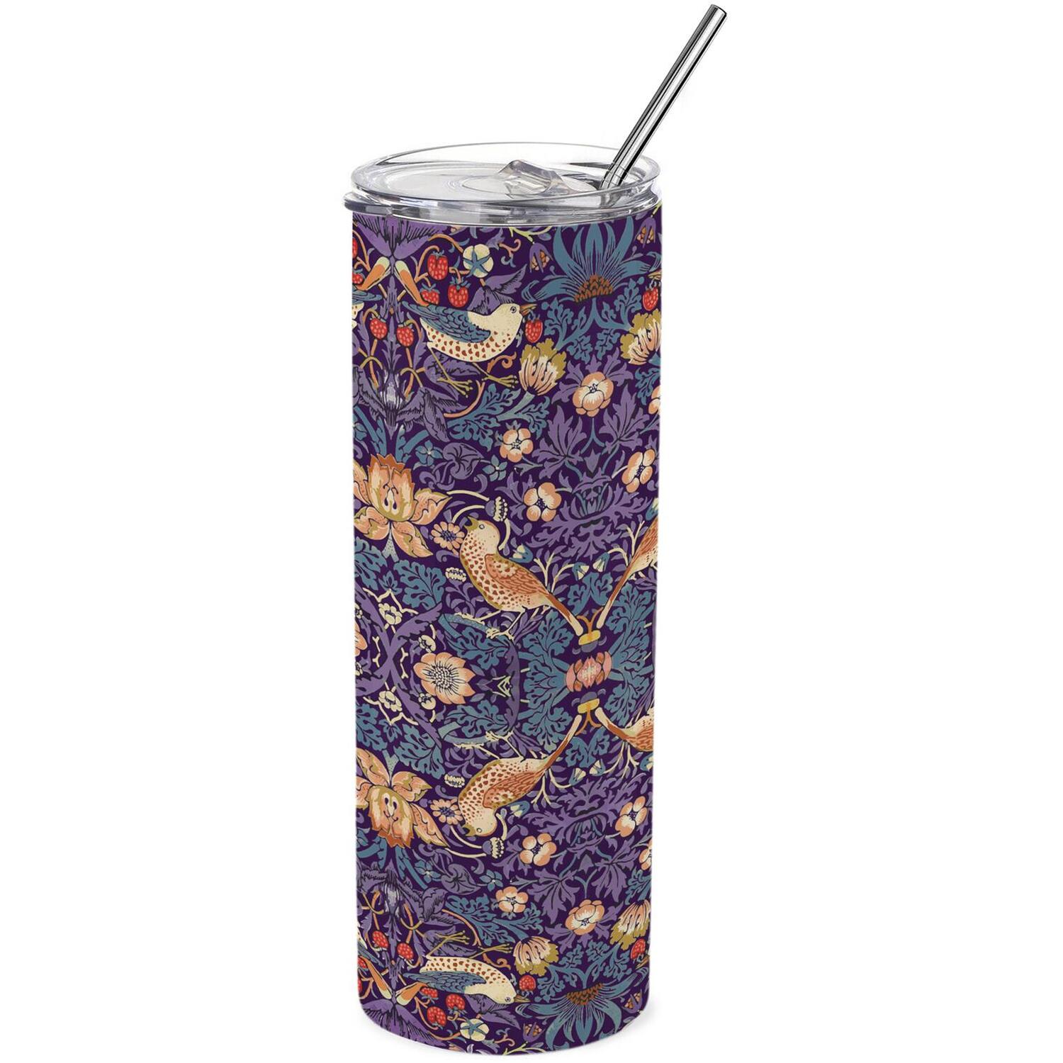 B&Q - Purple Strawberry Thief Travel FlaskWilliam Morris Artwork GiftsReusable Stainless Steel Drinks Cup With Straw 600Ml - Image 2