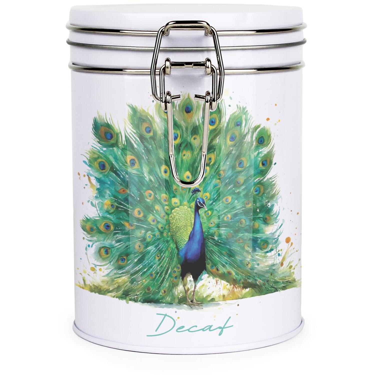 Purely Home Peacock Hot Drinks Canister - Decaf Storage Gift Tin - Image 2
