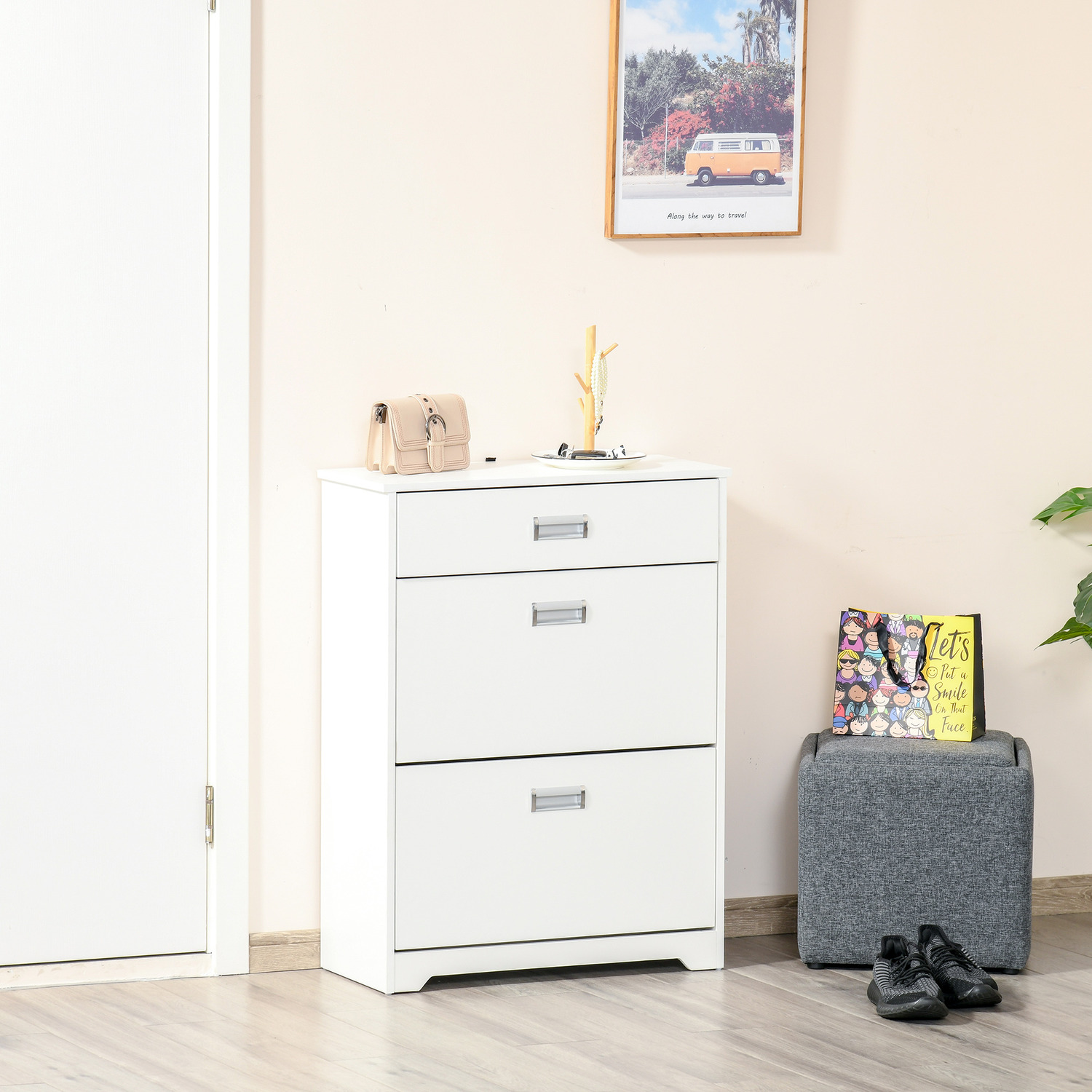HOMCOM Tipping Shoe Cabinet with Flip Drawers - White