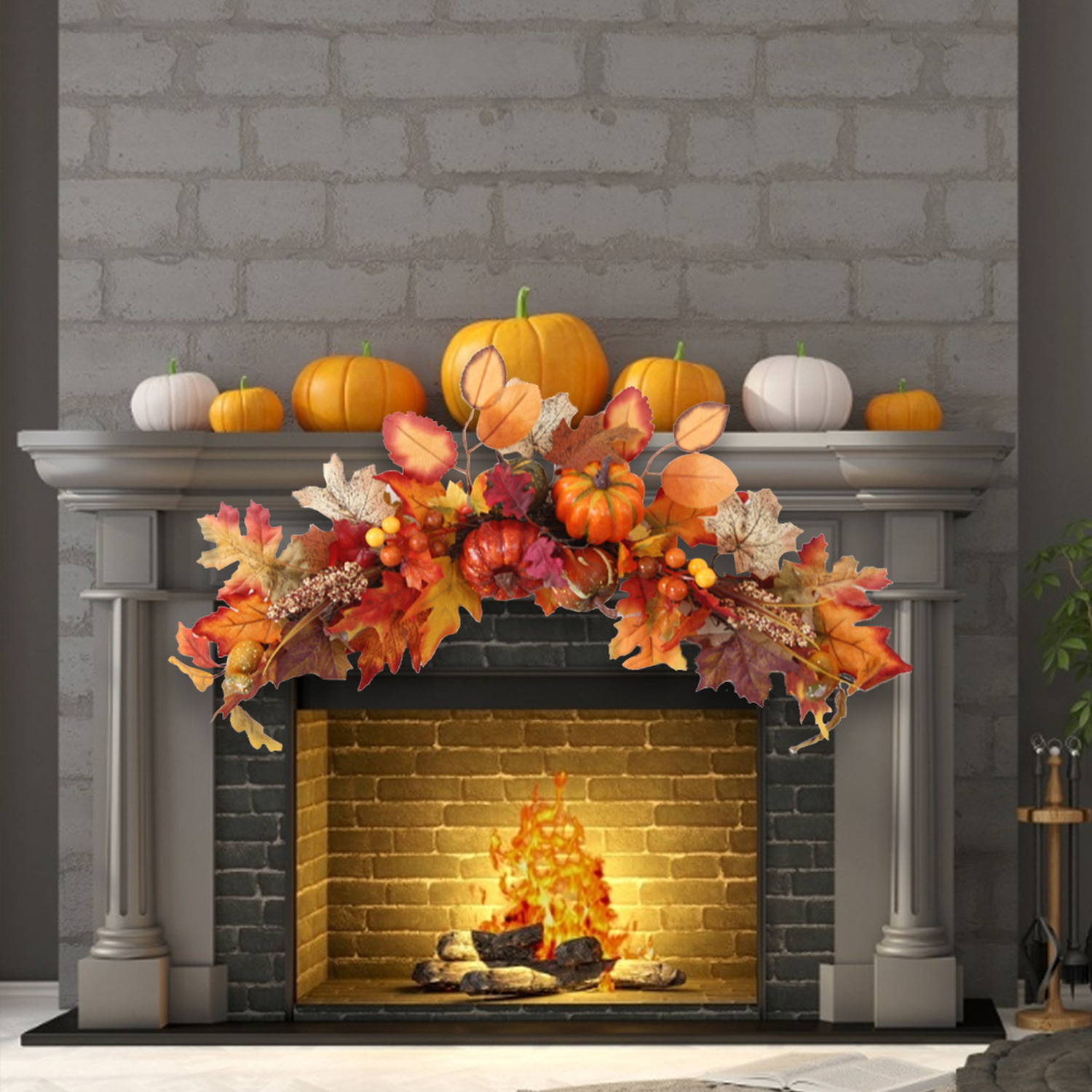 Artificial Autumn Maple Leaves Swag for Halloween Harvest Decor - Orange