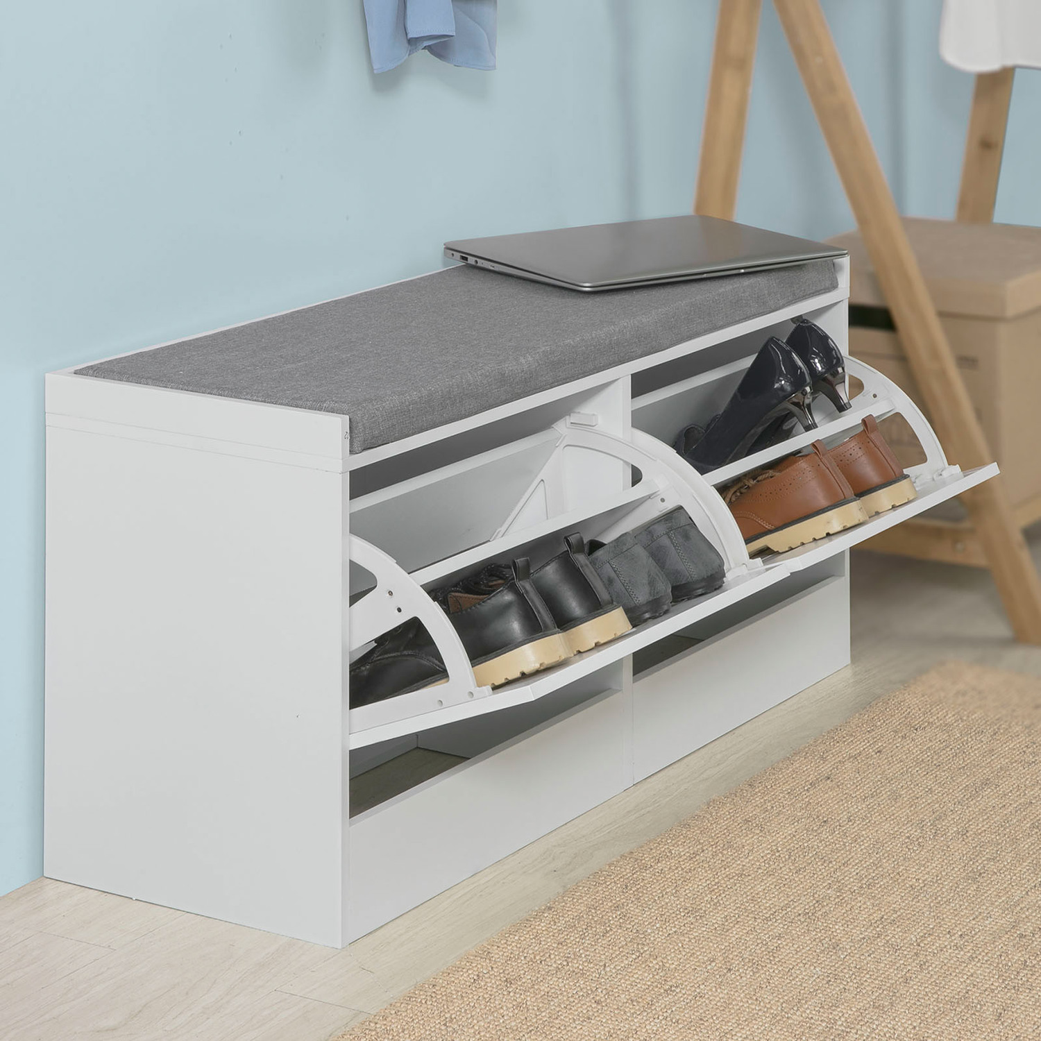 Hallway Shoe Bench With Flip-drawer - White