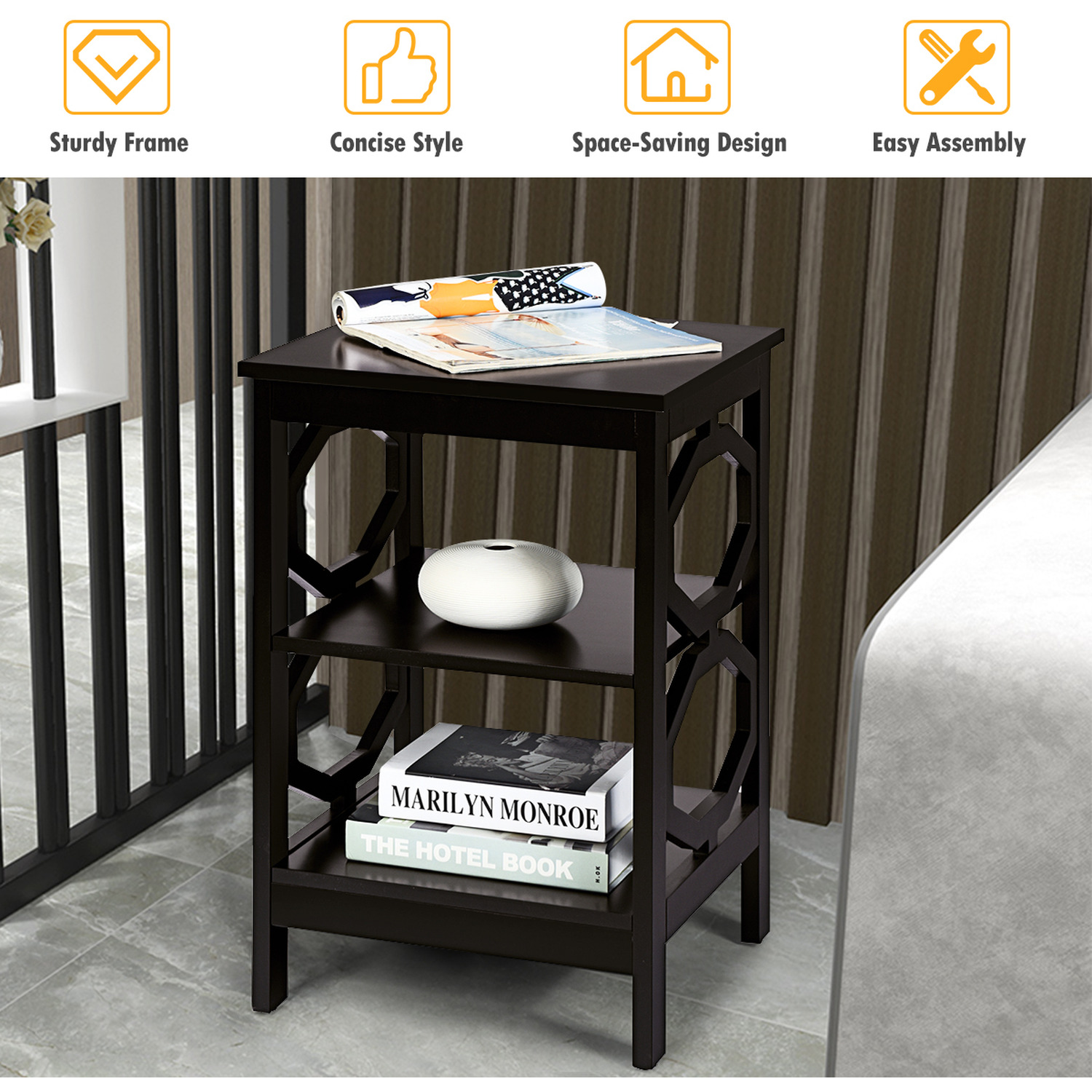 3-tier Sofa Bedside Table End Table - Brown