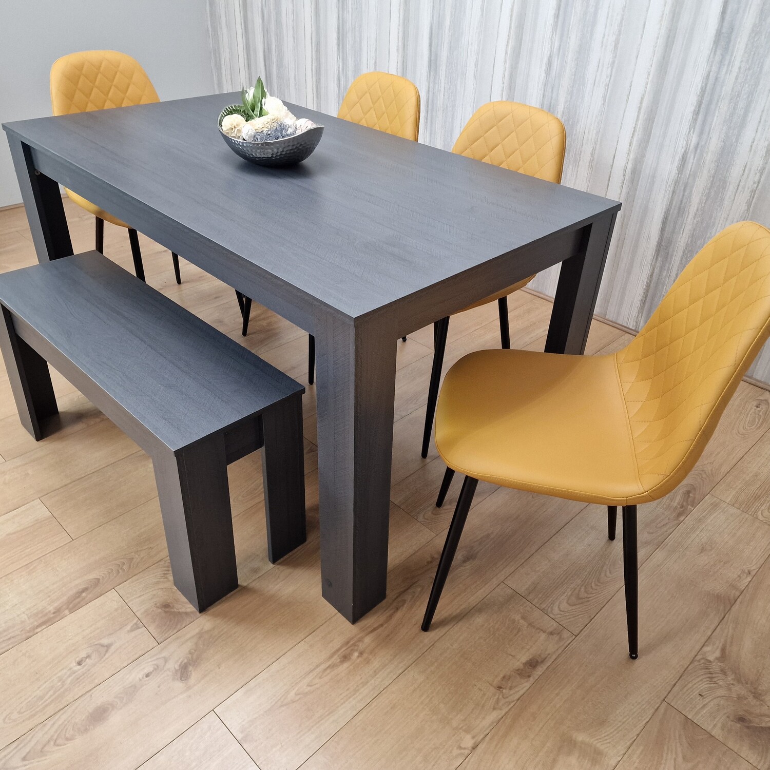 Grey Dining Table with 4 Stitched Mustard Chairs and 1 Bench Dining Set