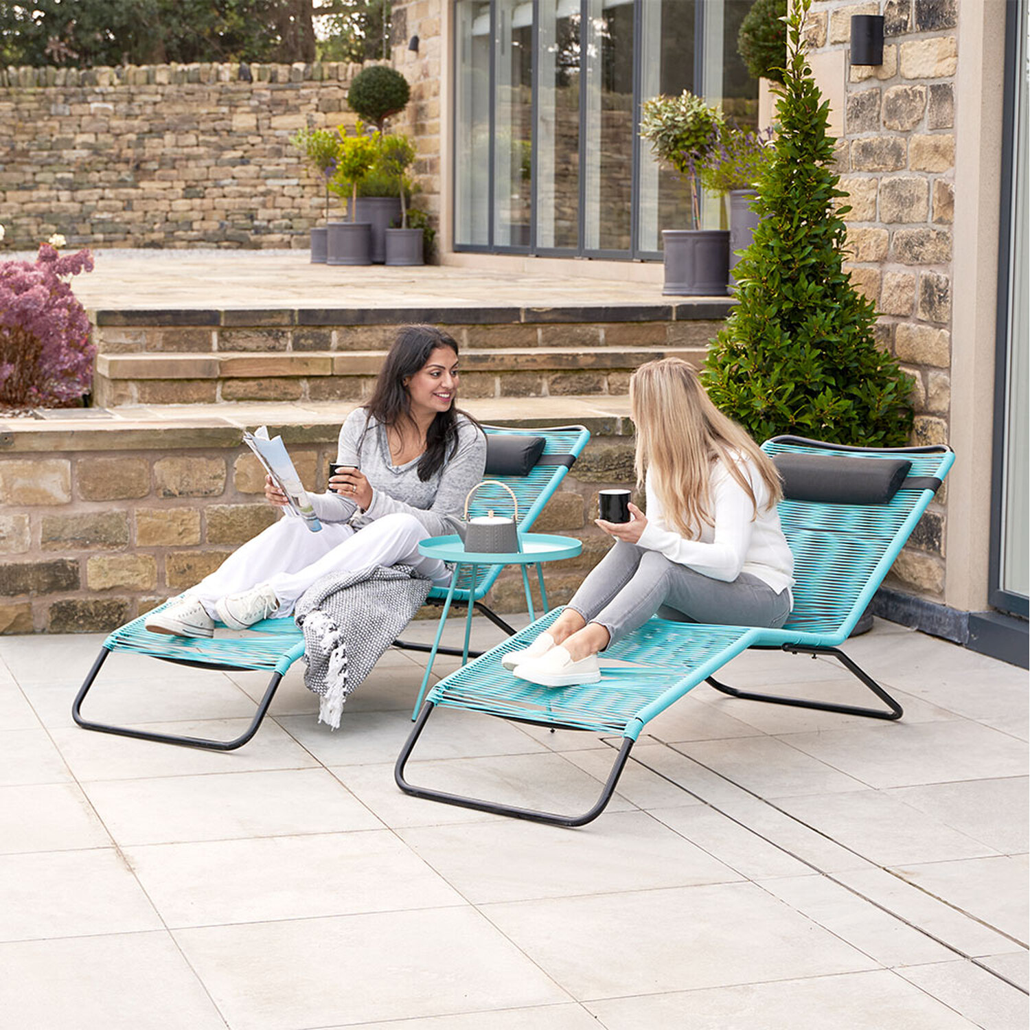 Set Of 2 Rio Pu Rattan Sun Loungers - Blue