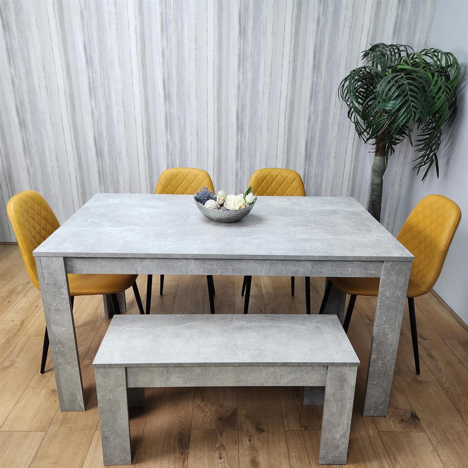 Stone Grey Effect Dining Table with 4 Mustard Chairs and 1 Bench Set