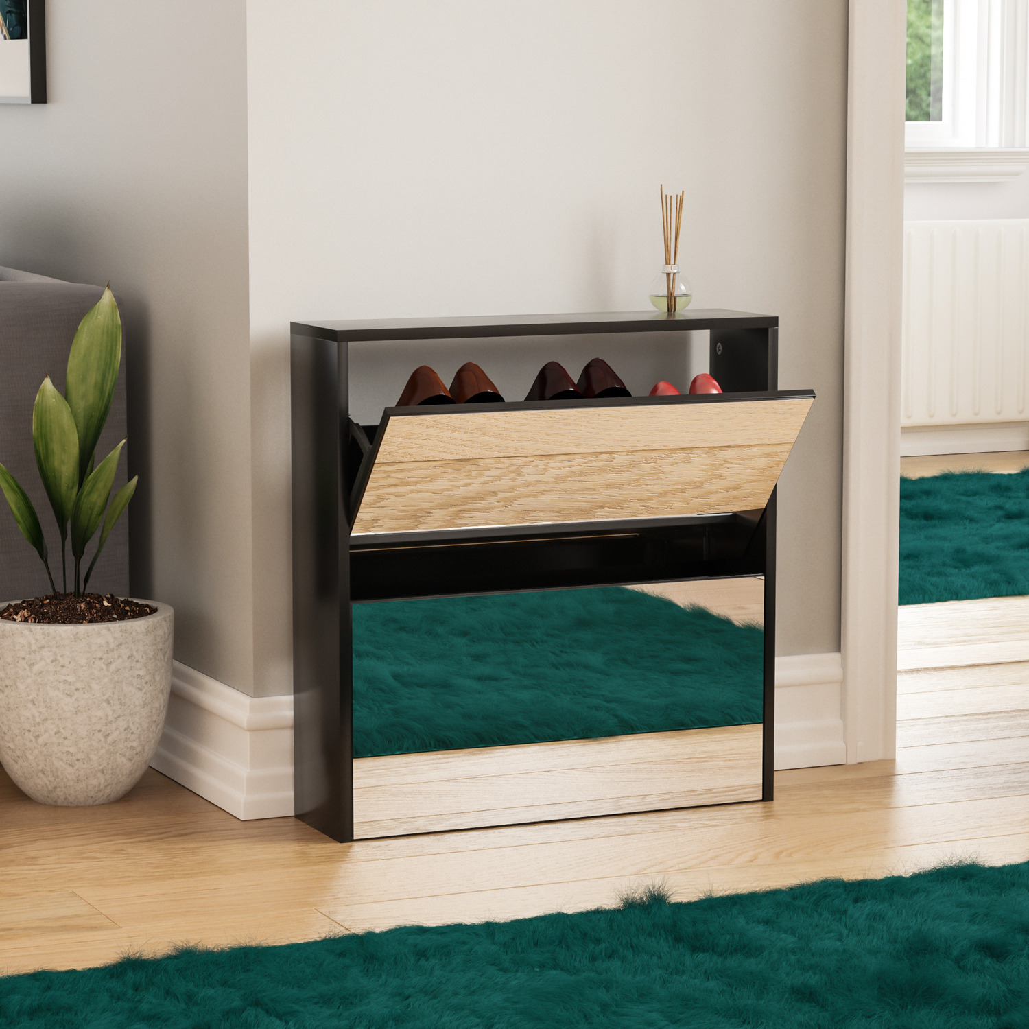Vida Designs Welham 2 Drawer Mirrored Shoe Cabinet - Black