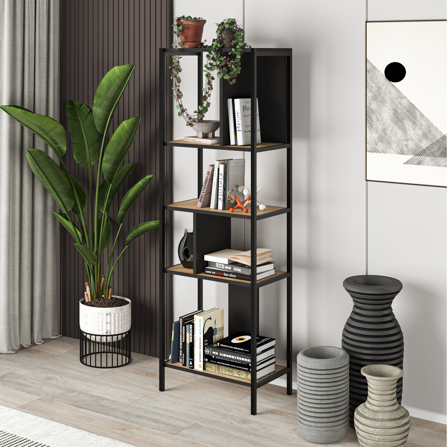 Mini Modern Bookcase Narrow 5 Shelves