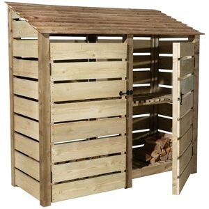 Slatted Double Bay Wooden Log Store With Door And Kindling Shelf