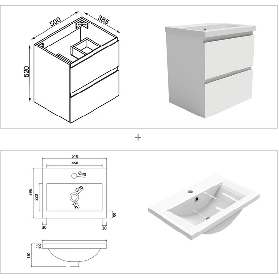 Bathroom Vanity Unit with Sink Wall Hung Cabinet Matt White 500mm
