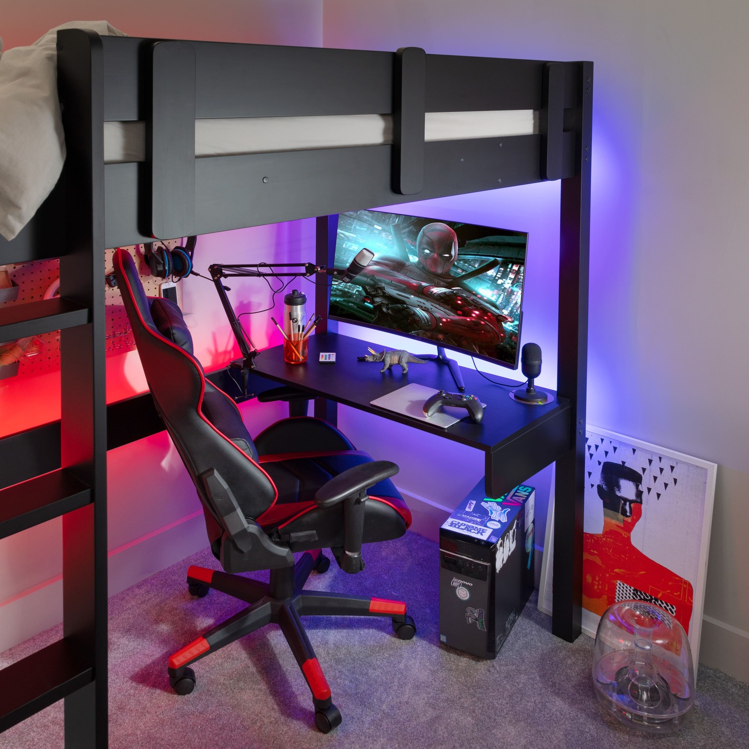 Gaming Station High Sleeper Kids Solid Wood Bed In Black Storm - Black