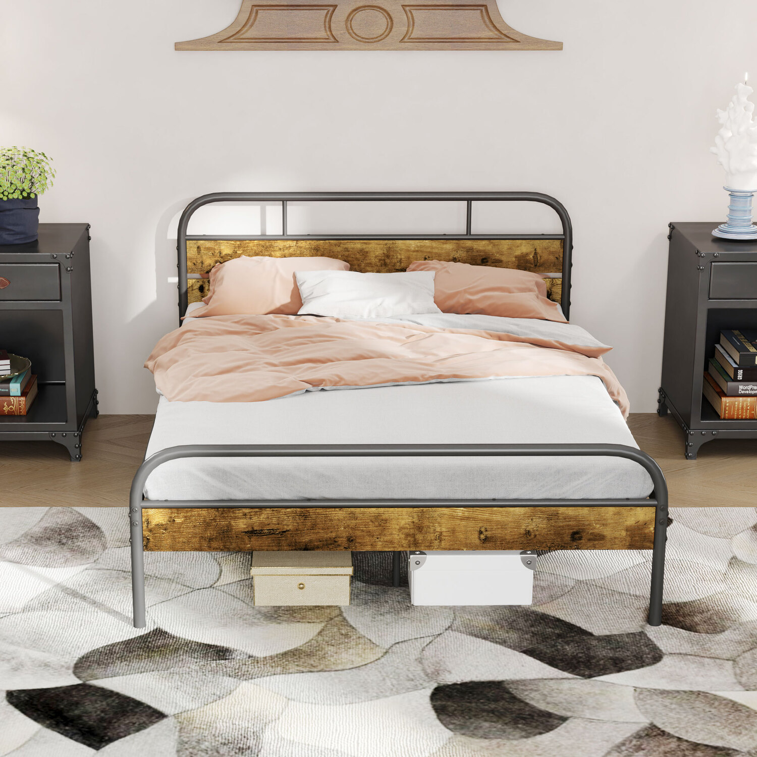Double Industrial Metal and Wood Bed Frame with Headboard