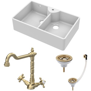Fireclay 2 Bowl 1 Tap Hole Butler Sink Wastes Tap Brushed Brass 895mm