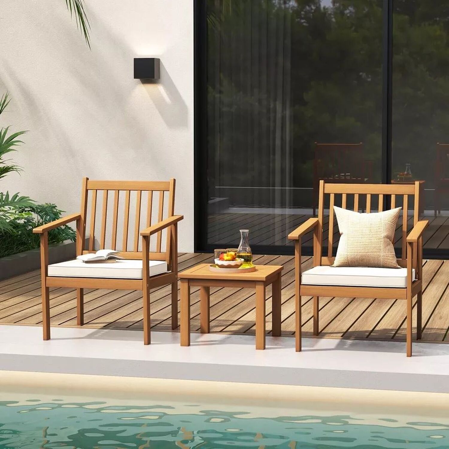 3 Pieces Acacia Wood Bistro Set with Cushions - Natural