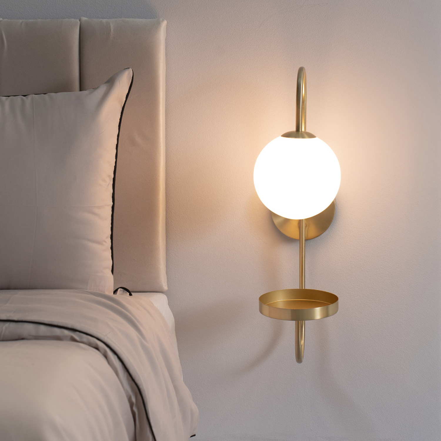 Milo Glass Globe Shade Curved Wall Light With Shelf - Gold