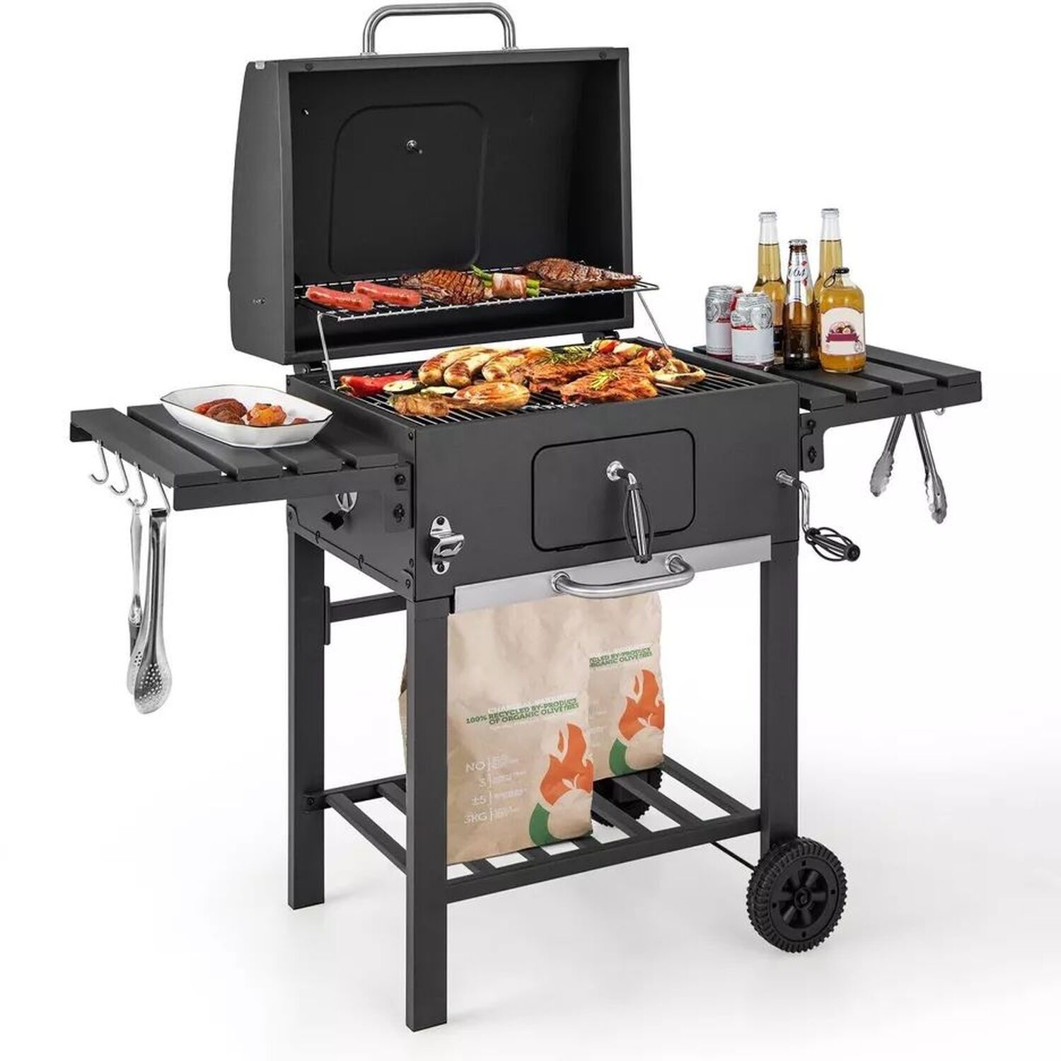 Bbq Smoker With Wheels And 2 Foldable Side Shelves - Black