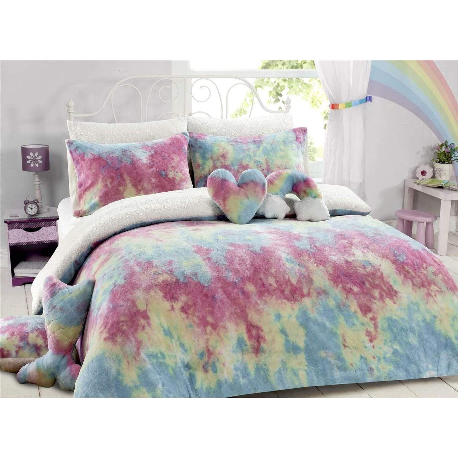 Rainbow Tie Dye Teddy Duvet Set - Multicolour Double