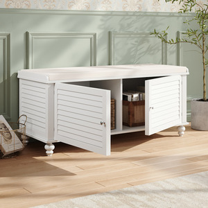Wooden Door Shoe Cabinet Storage Bench with Linen Cushion