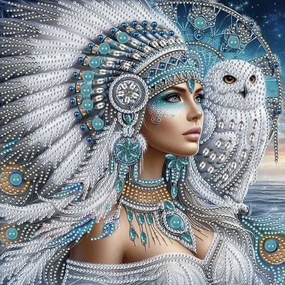 Feather Headress Lady and Owl Diamond Painting Kit